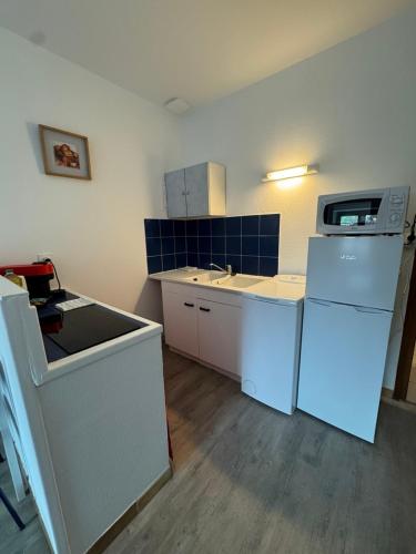 une cuisine avec un réfrigérateur blanc et un évier dans l'établissement La République BY PRIMO C0NCIERGERIE, à Tournus