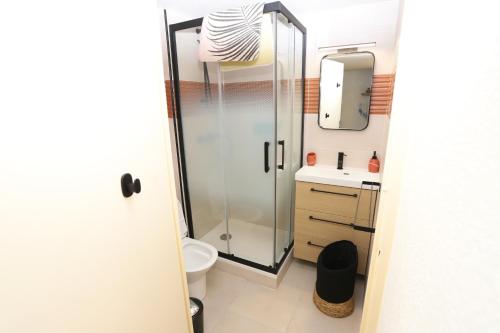 une salle de bain avec une douche, des toilettes et un lavabo dans l'établissement St Cyprien Plage jolie maison proche plage, à Saint Cyprien Plage