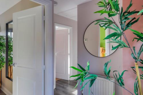 un pasillo con espejo y una planta en Noah Suite - Central 2BR Apartment with Parking & WIFI, en Cardiff