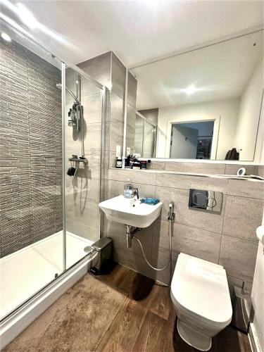 a bathroom with a shower and a sink and a toilet at City Centre Penthouse Bedroom in Birmingham