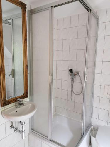 a bathroom with a shower and a sink at Bergblick in Königstein an der Elbe
