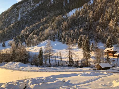 a snow covered mountain with a house in the foreground at Panoramasuite in Flattach