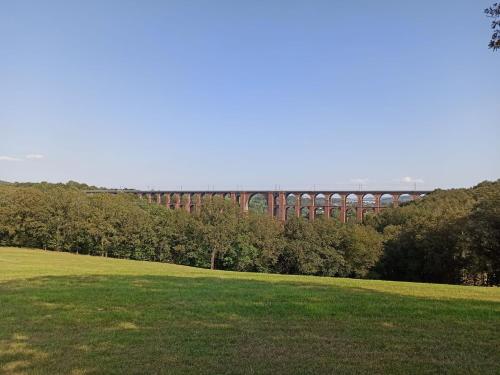 a large bridge in the distance with a field and trees at Gästehaus Siebert in Bad Brambach