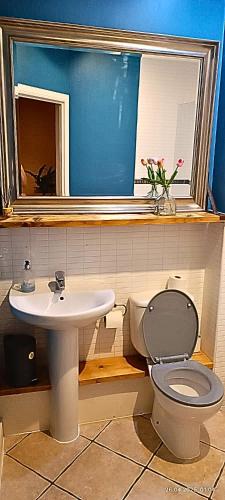 a bathroom with a toilet and a sink at Unique Penthouse with Home Cinema, Panoramic Views & Eco-Chic Design in London