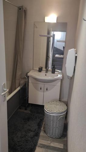 une salle de bain avec un lavabo et un miroir dans l'établissement Chez Sév et Michel, à Gallargues-le-Montueux