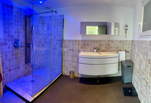 une salle de bain avec un lavabo et une douche en verre dans l'établissement Casa Adelia, à Pélissanne
