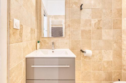 ein Badezimmer mit Waschbecken und Spiegel in der Unterkunft Appartement La Montagne Sud in Allemans