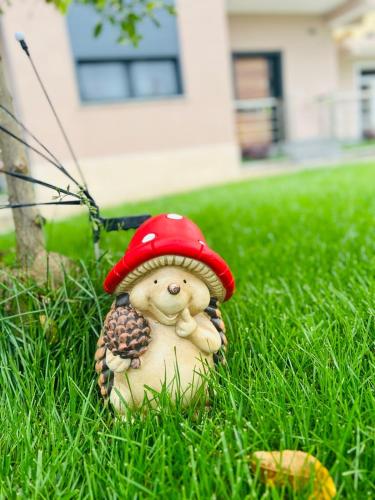 a small teddy bear wearing a red hat sitting in the grass at SARVI Apartments in Durrës