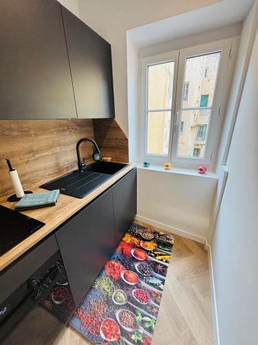 une cuisine avec un évier et un tapis de cuisine dans l'établissement T4 Old Town Menton - Mer-Cœur de la Piétonne, à Menton