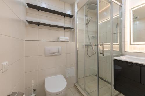 a bathroom with a shower and a toilet and a sink at Leuchtturm an der Seebrücke in Zingst