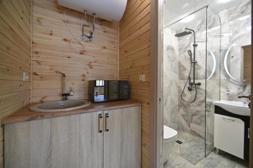 a bathroom with a sink and a microwave on a counter at Avra Resort Tsaghkadzor in Tsaghkadzor
