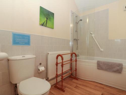 a bathroom with a toilet and a bath tub at Partridge Cottage in Filey