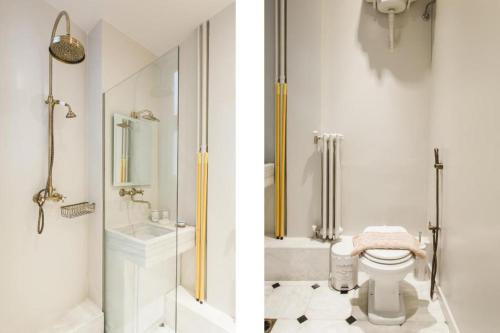 two images of a bathroom with a toilet and a shower at Restored Historic APT in Plaka,Under the Acropolis in Athens