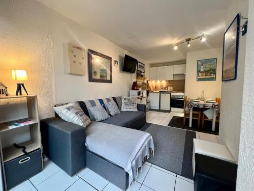 un salon avec un canapé et une cuisine dans l'établissement Maisonnette au cœur des pins, à Lacanau