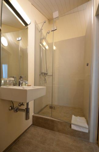a bathroom with a sink and a shower at Hotel Felmis in Luzern