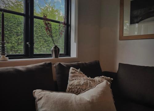 a couch with a pillow in a living room with a window at Stuga Bra Nock in Brösarp