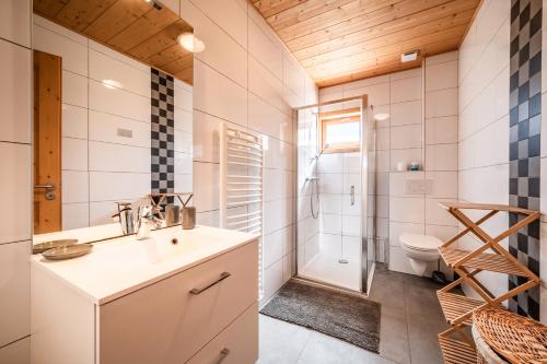 a bathroom with a sink and a shower and a toilet at Les Gites Leyetaz in Châtillon-sur-Cluses