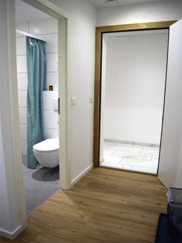 a bathroom with a toilet and a glass door at Hotel Restaurant Krebs in Grenchen
