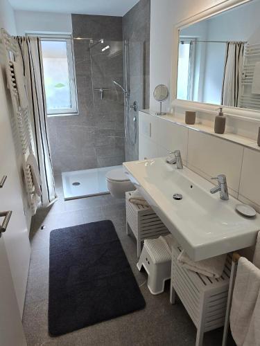 a bathroom with a sink and a shower and a toilet at Ankerplatz in Lindau