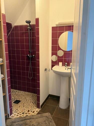 une salle de bain avec douche et lavabo dans l'établissement Gîtes Fleur des Pommiers, près des plages du débarquement, à Juaye-Mondaye