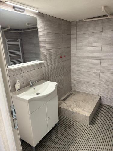 a bathroom with a sink and a mirror at Cabana cu Livada in Mintiu Gherlii