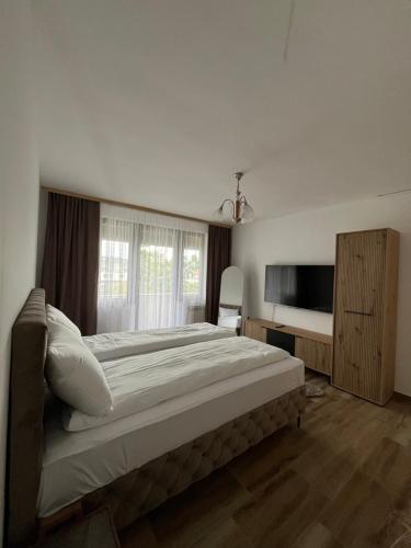 a bedroom with a large bed and a television at Holiday Central House in Sarajevo