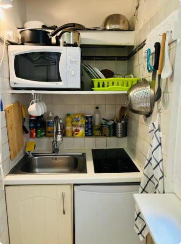 une cuisine avec un évier et un micro-ondes dans l'établissement centre villeOpéra, Gare st Lazare , cozy studio, à Paris