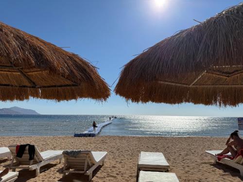 a beach with chairs and straw umbrellas and the ocean at New Penthouse, free Beach, pools, and privat roof in Sharm El Sheikh