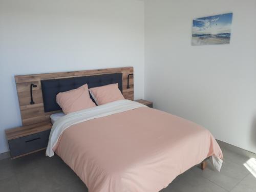 une chambre avec un grand lit avec des oreillers roses dans l'établissement Appartement neuf et climatisé, 6 personnes, avec piscine, à Sérignan