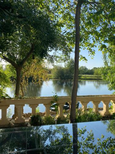 - une vue sur un lac avec un pont et des arbres dans l'établissement Jardin d'Ébène, à Les Roches-lʼÉvêque
