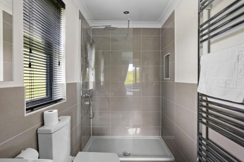 ein Badezimmer mit einer Dusche, einem WC und einer Badewanne in der Unterkunft Lilac Lodge, 22 Roadford Lake Lodges in Lifton