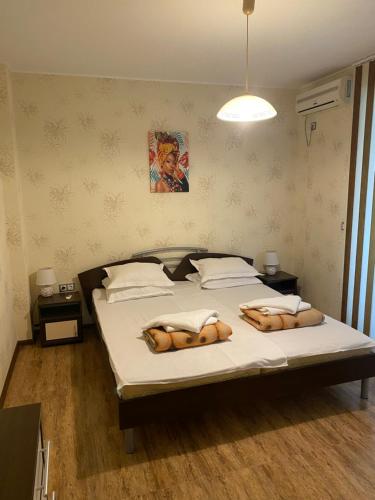 a bedroom with a large bed with twobuinylinylinyl at Belchevi Apartments in Burgas City