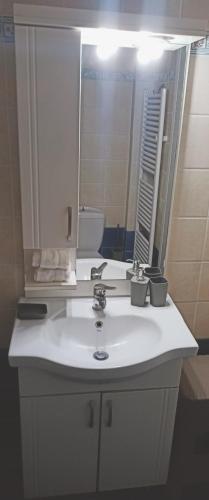 a bathroom with a white sink and a mirror at Rosemary apartment in Eretria