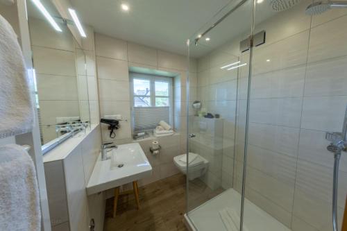 un bagno con doccia, lavandino e WC di Ferienwohnung in der Dorfstraße 47d a Ahrenshoop