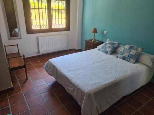 a bedroom with a large bed with blue walls and a window at Casa Paco de Gredos in Arenas de San Pedro