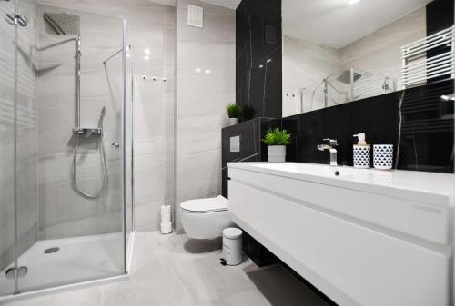 a bathroom with a shower and a sink and a toilet at Apartament Black Sunset Resort SurfingBird Grzybowo in Grzybowo