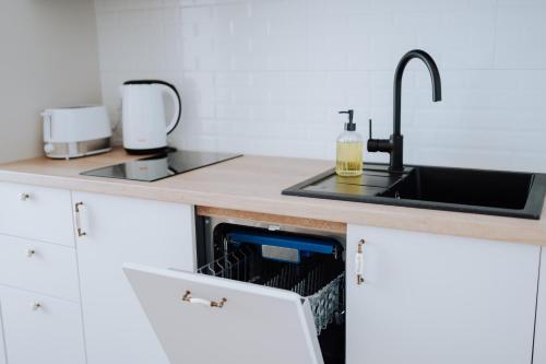 a kitchen counter with a sink and a dishwasher at Central 2BR on Petru Movilă Walk to It All in Chişinău