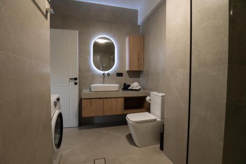 a bathroom with a toilet and a sink and a mirror at Likehome Apartments in Orestiada