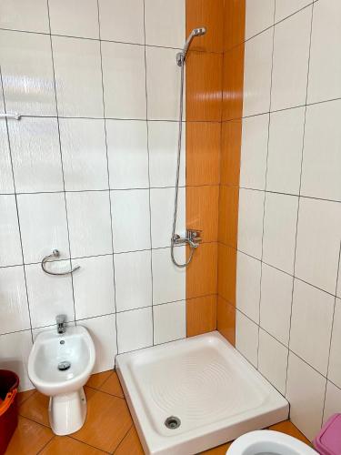 a bathroom with a shower and a toilet and a sink at Shell Home golem 1 in Golem