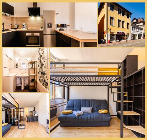 un collage de photos avec un canapé dans une pièce dans l'établissement Le Vaugelas I T1 I Annecy, à Annecy