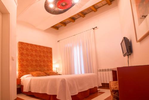 a bedroom with a bed and a tv and a window at Hostal Casa Alborada in Conil de la Frontera