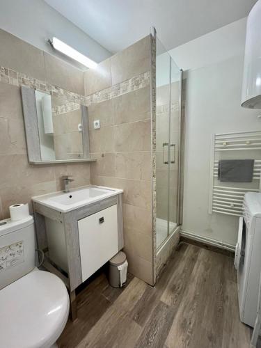une salle de bain avec toilettes, lavabo et douche dans l'établissement Appartement vue mer et marina, Loggia - Parking, à Courseulles-sur-Mer