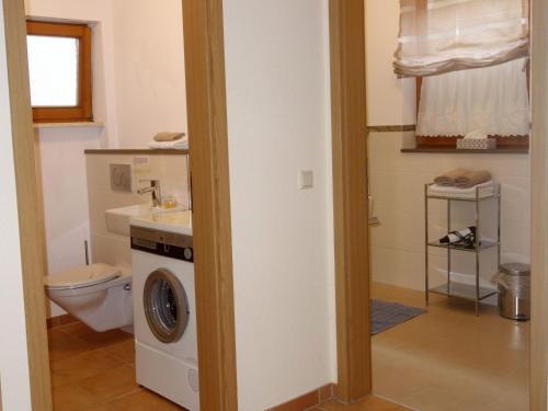 a bathroom with a toilet and a washing machine at Ferienwohnungen Braun in Seelbach