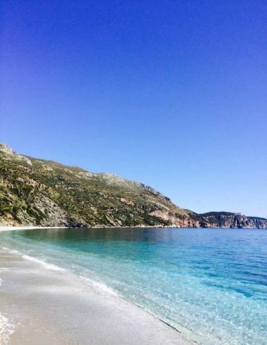 a beach with blue water and a hill in the background at Delfini in Akhladherí