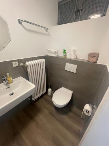 a bathroom with a white toilet and a sink at Natur & Ruhe in Prümzurlay in Prümzurlay