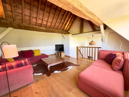 a living room with two couches and a tv at Les Gîtes du Château de Bellaire in Gesves