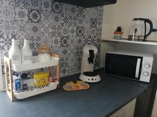 a kitchen with a counter with a microwave and a counter sidx sidx sidx at La Barboulotte in Ciez