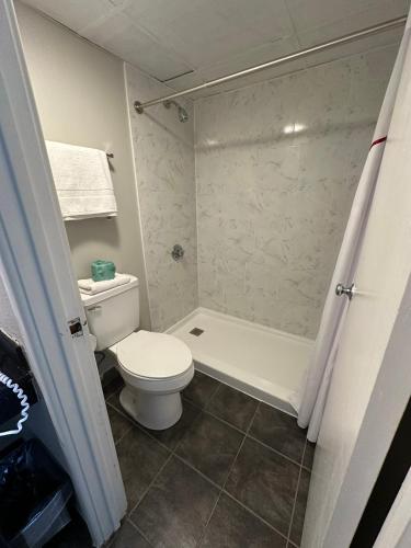 a bathroom with a white toilet and a shower at Whalers Inn and Suites in New Bedford