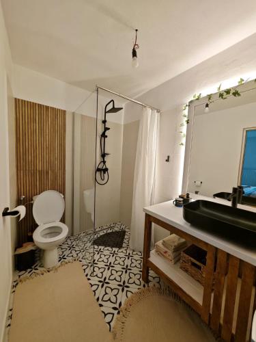 a bathroom with a toilet and a sink and a mirror at Casa Lucia in Dămuc