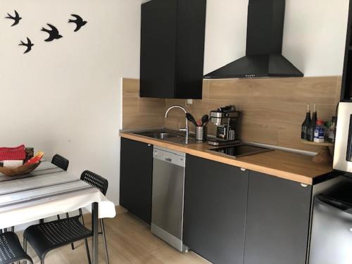 une cuisine avec un évier et un plan de travail dans l'établissement APPARTEMENT FACE À LA PLAGE Terrasse-Garage-Wifi-Draps et Serviettes, à Hendaye